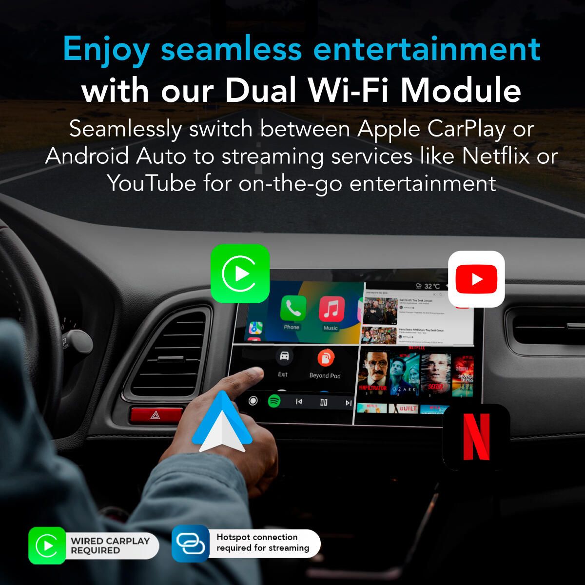 AutoSky AI Box Plus 2.0 Trådløs CarPlay & Android Auto Adapter