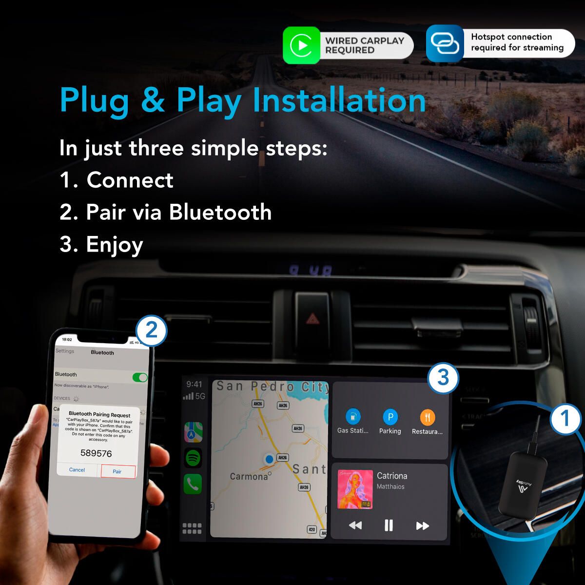 AutoSky AI Box Plus 2.0 Trådløs CarPlay & Android Auto Adapter