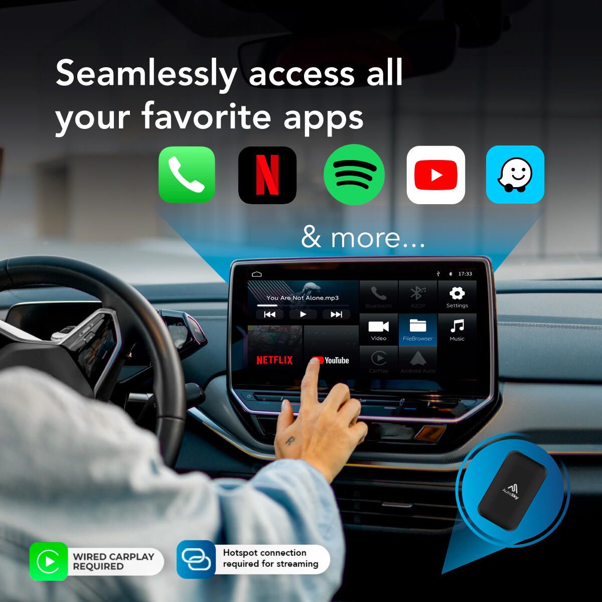 AutoSky AI Box Plus 2.0 Trådløs CarPlay & Android Auto Adapter